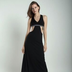 BCBGeneration Satin black Beaded Waist Formal Gown Prom Wedding Maxi Dress Sz 10
